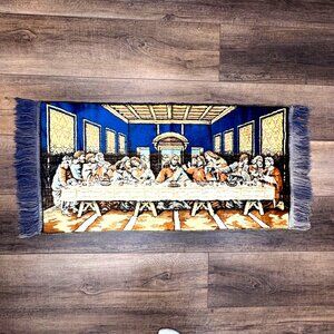 Vintage Woven Tapestry Rug Velvet‎ The Last Supper Jesus 42” x 20” Fringed Edges